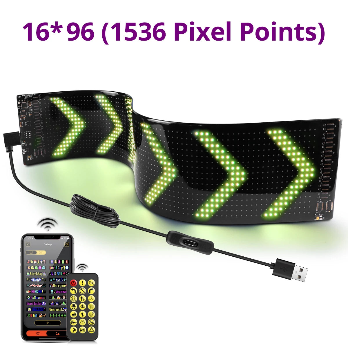 Flexible Car Devil's Eye Display Screen Graffiti Scrolling Animation Shop Reminder Light Big Truck Light Matrix Pixel Panel USB Oasis Select 12x60CM 16x96 LEDs