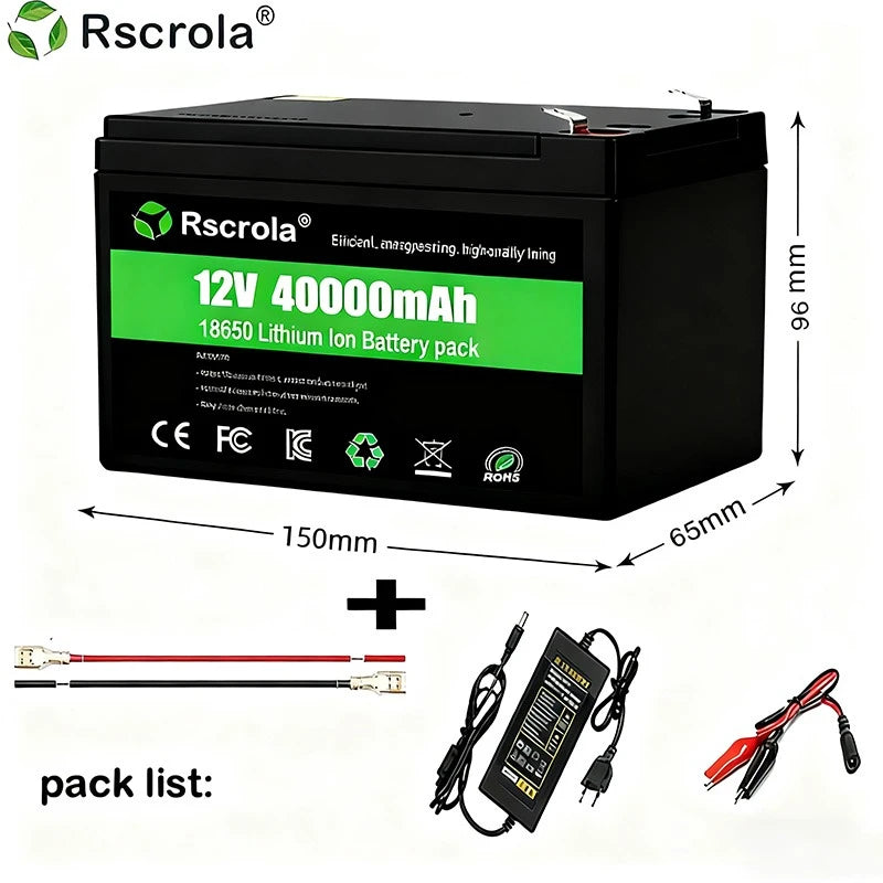 12V Rechargeable Lithium Battery Pack 40Ah, 18650 Battery pack DC Power for Sprayer, Portable Speaker, Outdoor Camping,Toy Cars Oasis Select 1PCS 40Ah