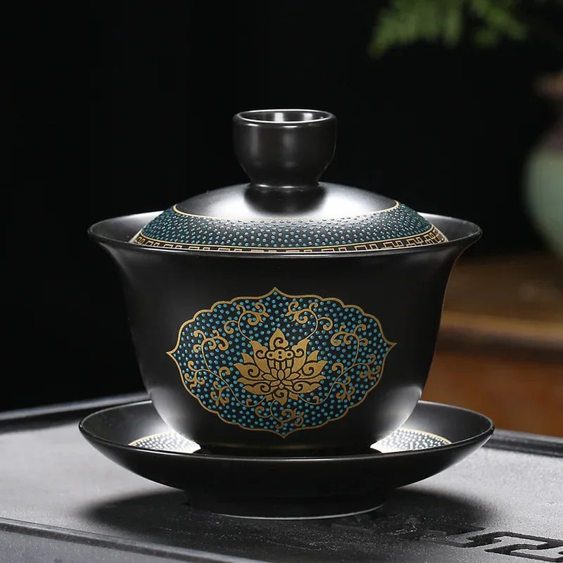 Chinese Teaset Classical Gaiwan Tea Cups Black Clay Tureen Lid Bowl Saucer Traditional Handmade Tea Brew Tea Cup Oasis Select D