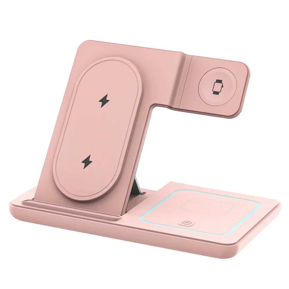 Foldable 3 In 1 Night LED Light Wireless Charger Quick Charging Dock For iPhone 16-12 Pro Samsung Apple Watch 2-8 SE Airpods Pro Oasis Select Pink