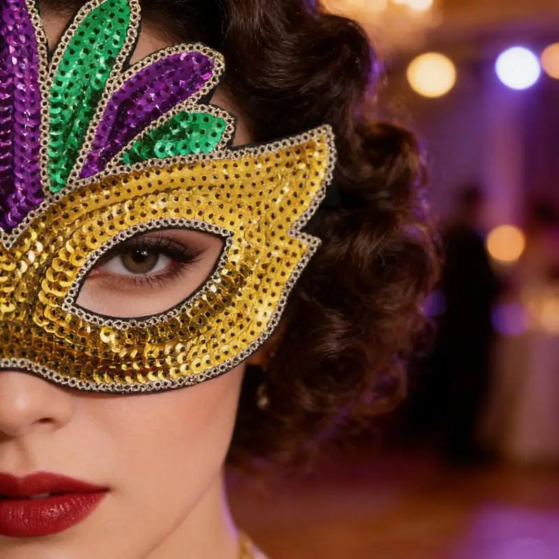 1PC Purple Green Yellow Sequin Mardi Gras Masque Masquerade Venetian Carnival Half Face Mask Halloween Cosplay Accessories Oasis Select