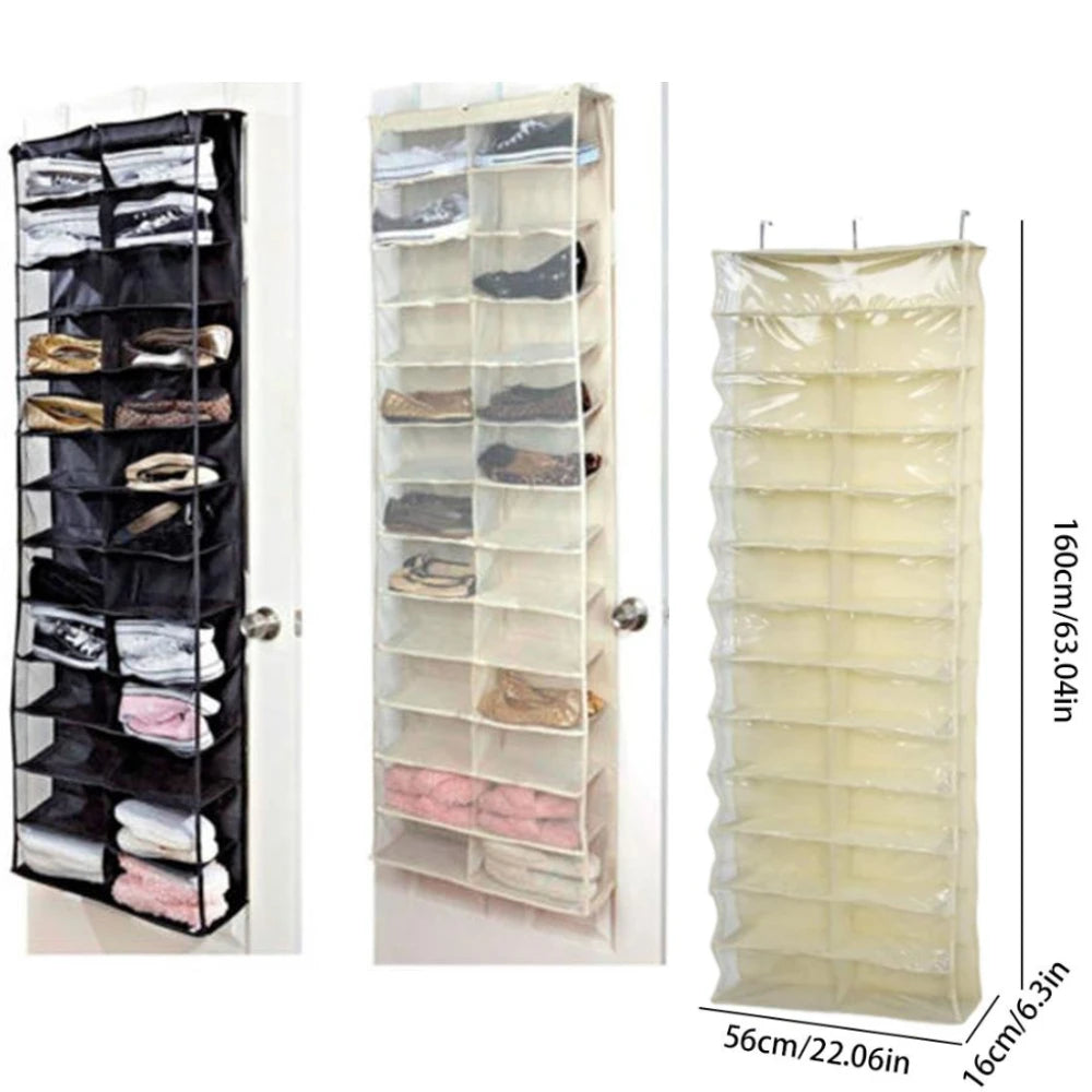 26-Pocket Over-Door Shoe Rack Organizer | Transparent Pockets