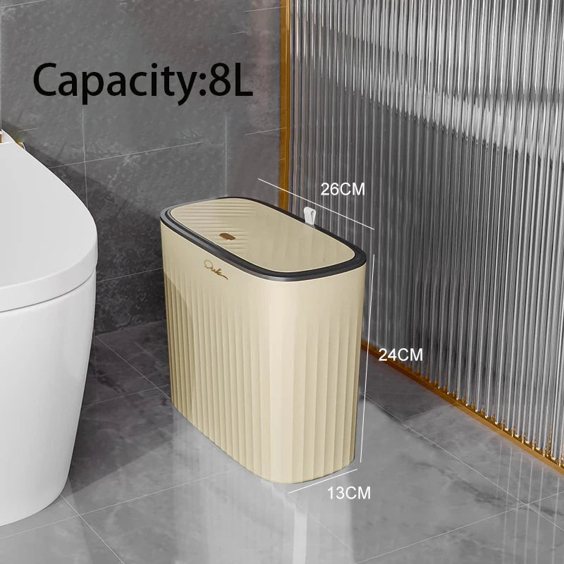 Narrow Shape Press Ring Trash Can with Lid for Bathroom Gap, Highlighting the Features of Garbage Classification Oasis Select style B beige 8L