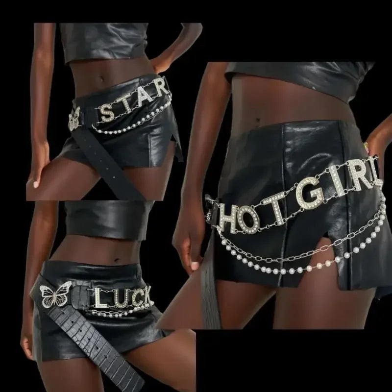 Rhinestone Y2K Letter Belt – PU Butterfly Chain Women's Belt Fashion Belt Oasis Select