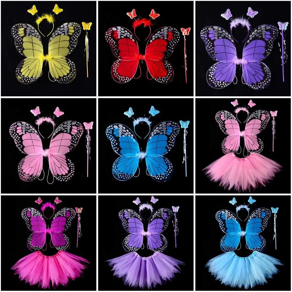Simulation Butterfly Wings Pointed Tutu Skirt Headband Wand Adult Kids 3/4Pcs Fairy Costume Set Princess Girls Party Gift Oasis Select