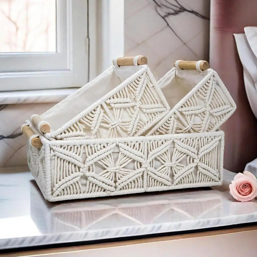 Storage Box with Wooden Handles Large Capacity Woven Design Basket Home Countertop Organizer for Cosmetics And Sundries Oasis Select