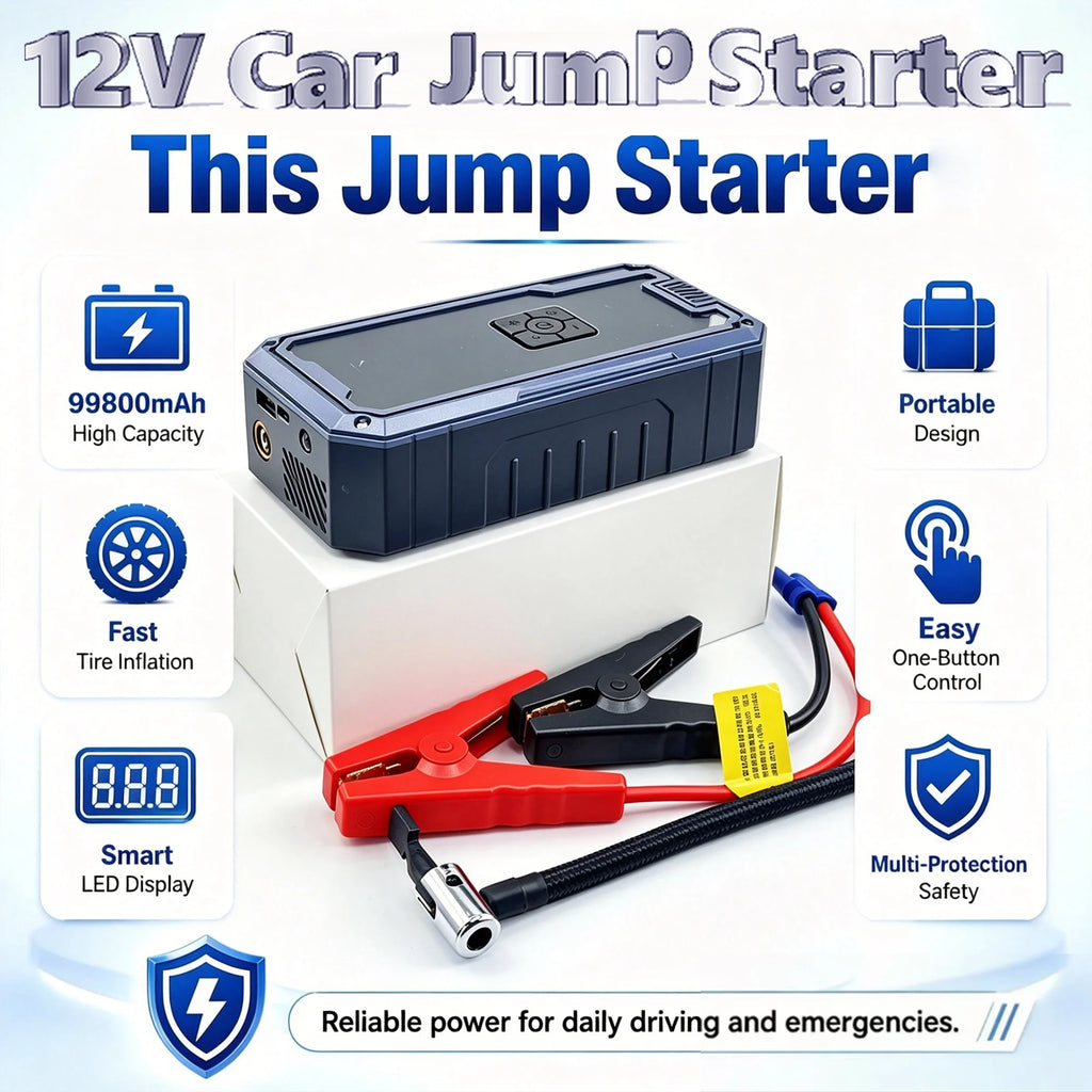 Portable Car Jump Starter with Air Compressor,3000A 99800mAh Portable Jump Box,Power Bank & Jump Cables for 9L Gas and 8L Diesel Oasis Select