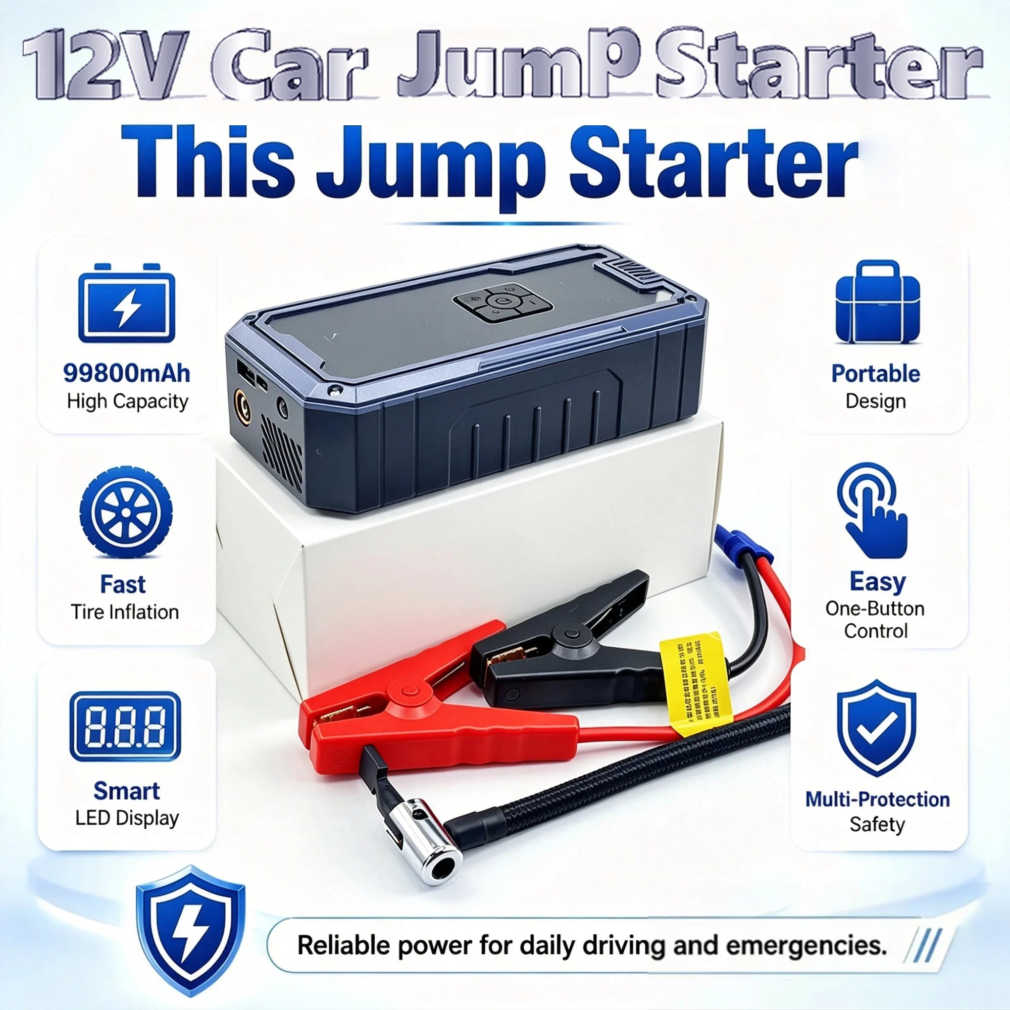 Portable Car Jump Starter with Air Compressor,3000A 99800mAh Portable Jump Box,Power Bank & Jump Cables for 9L Gas and 8L Diesel Oasis Select