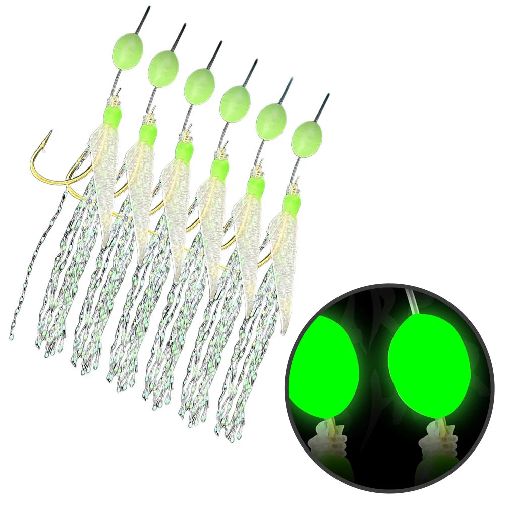 Fishing Rigs 6pcs with Biomimetic Velvet Mackerel Feathers and Luminous Hooks for Bass Cod Freshwater For Sabiki Fishing Oasis Select