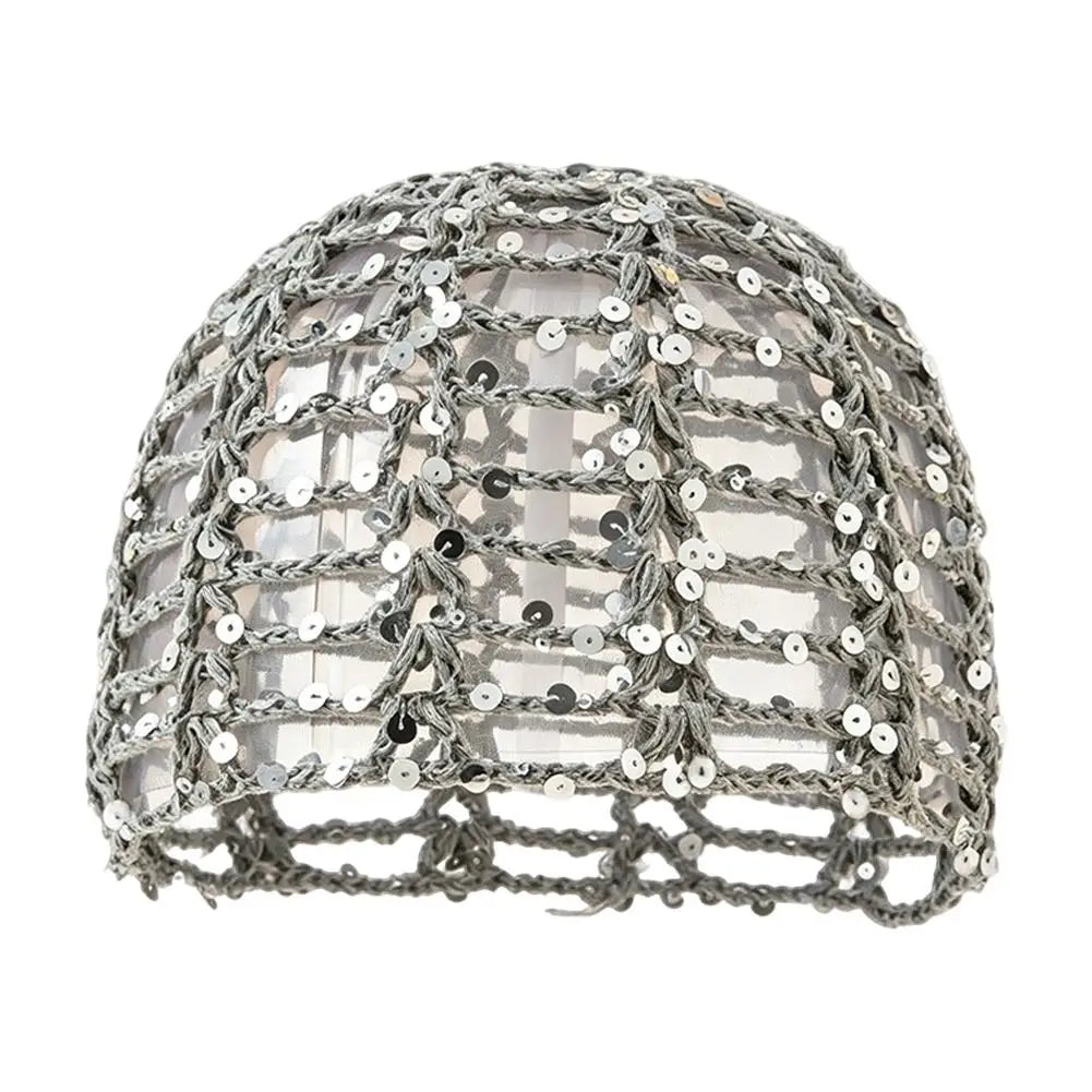 Y2K Sequined Crochet Beanie – Fishnet Pullover Hat for Women