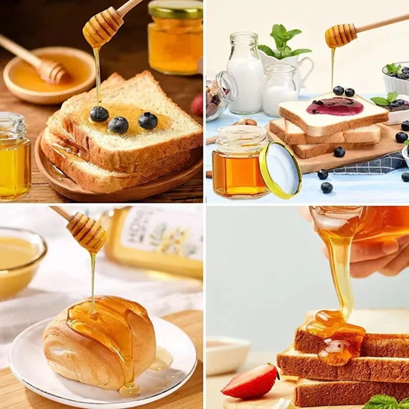 45ml Hexagonal Mini Glass Honey Jar with Wood Dipper Bee Pendants and Jutes Yogurt Pudding Glass Bottle Suitable for Party Gifts Oasis Select
