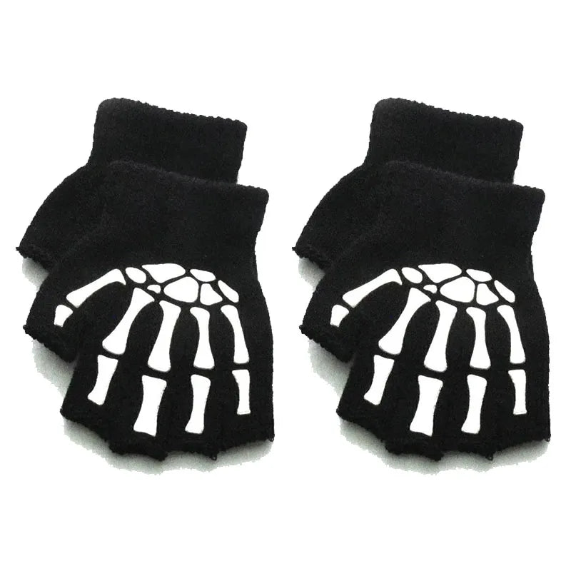 1-10pairs New Adult Cosplay Halloween Skeleton Skull Half Finger Punk Gloves Glow in the Dark Fingerless Stretch Knitted Mittens Oasis Select 2pairs