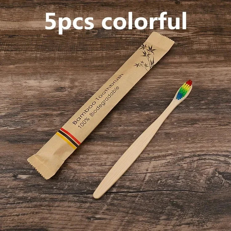 10Pcs Eco friendly toothbrush Bamboo Resuable Toothbrushes Portable Adult Wooden Soft Tooth Brush for Home Travel Hotel use Oasis Select 5pcs colorful