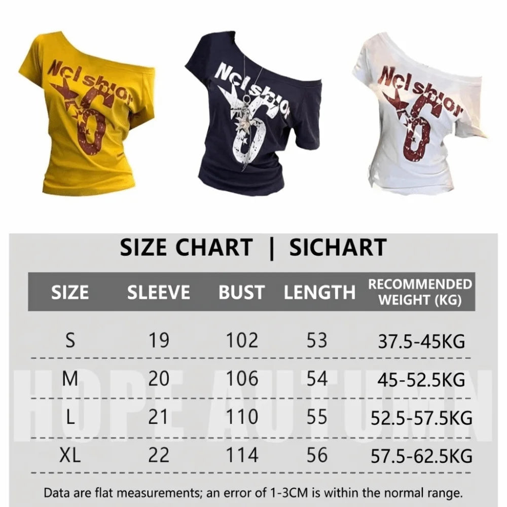Trendy Y2k Off Shoulder Top Letter Print Body Basic Crop Top Skew Collar Summer Top Vintage Style Oasis Select