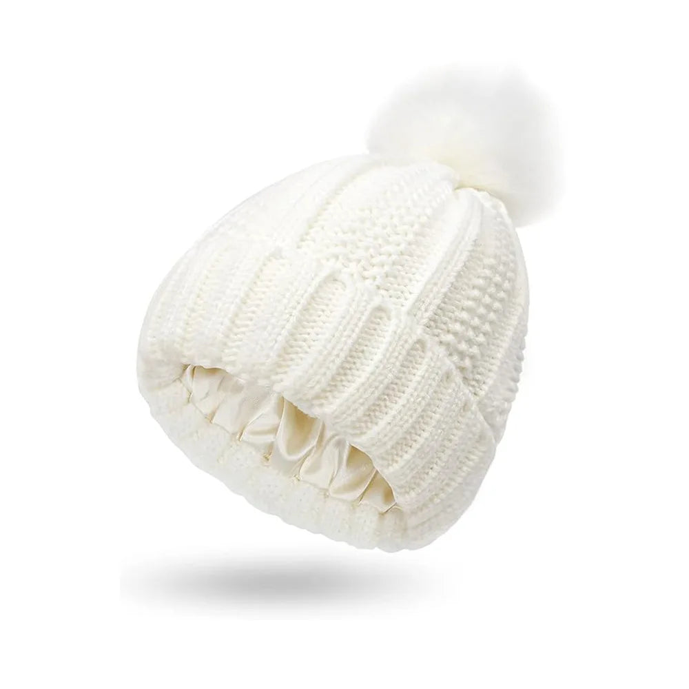 Flower needle woolen ball cap, warm double-layer lined hair care cap, woolen cap, women's knitted cap, pineapple cap Oasis Select WHITE