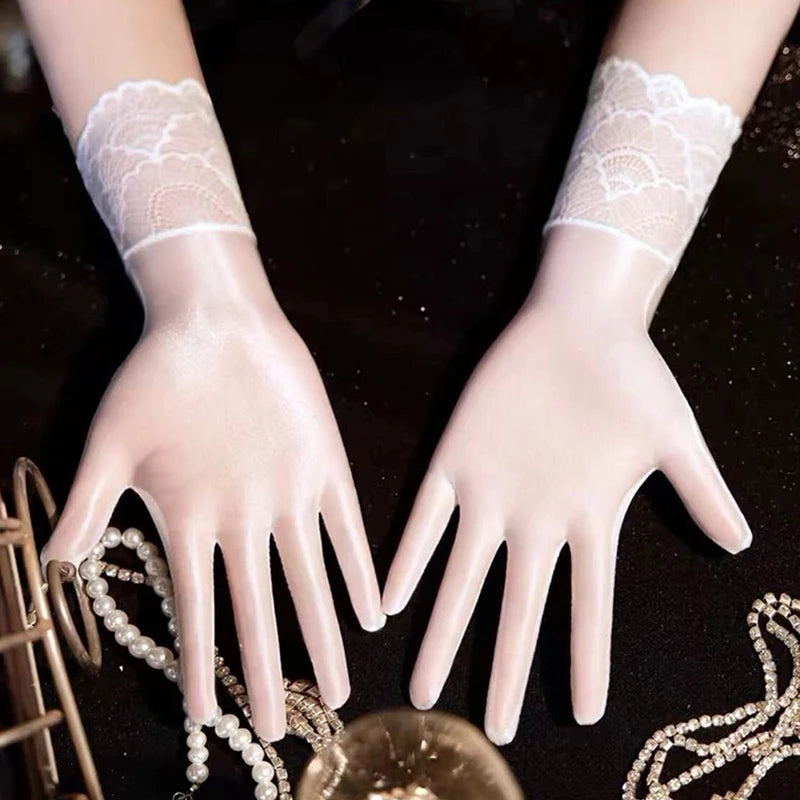 Women Oil Glossy Tight Stocking Gloves Sexy High Elastic Transparent Ultra-Thin Clubwear Short Wrist Gloves Oasis Select white lace trim