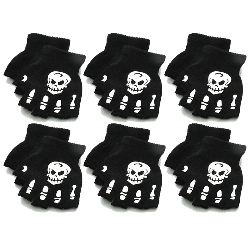 1/3/6Pairs Unisex Adult Halloween Skeleton Skull Half Finger Gloves Glow In The Dark Fingerless Stretch Knitted Winter Mittens Oasis Select 01-6pairs