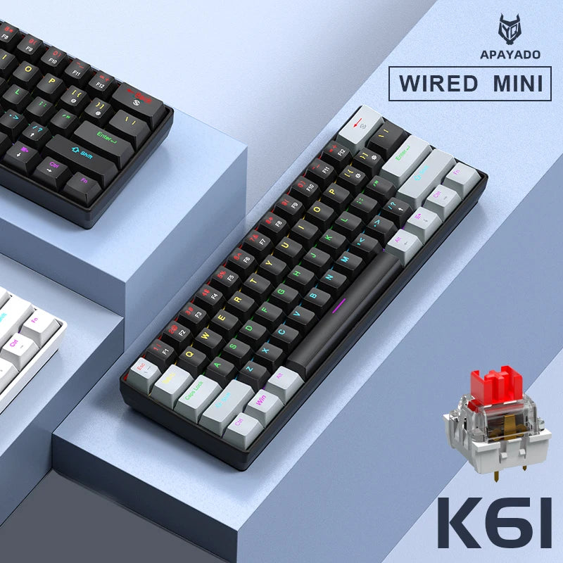 APAYADO K61 Mini Mechanical Keyboard,Wired,61 Keys,Phantom RGB, Black/White Red/Blue Mechanical Switch for Gaming,60% Portable Oasis Select