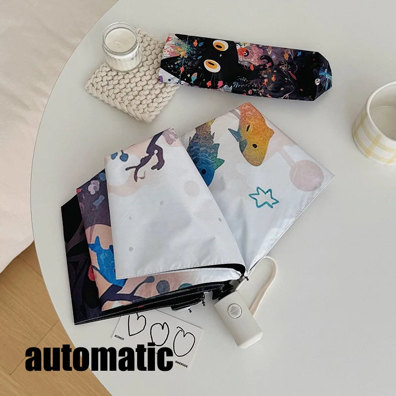 Cute Cartoon Fish and Cat Folding Umbrella Sun Protection Rain-proof UV Protection Umbrella Fully Automatic Sun Umbrella Oasis Select automatic 8K