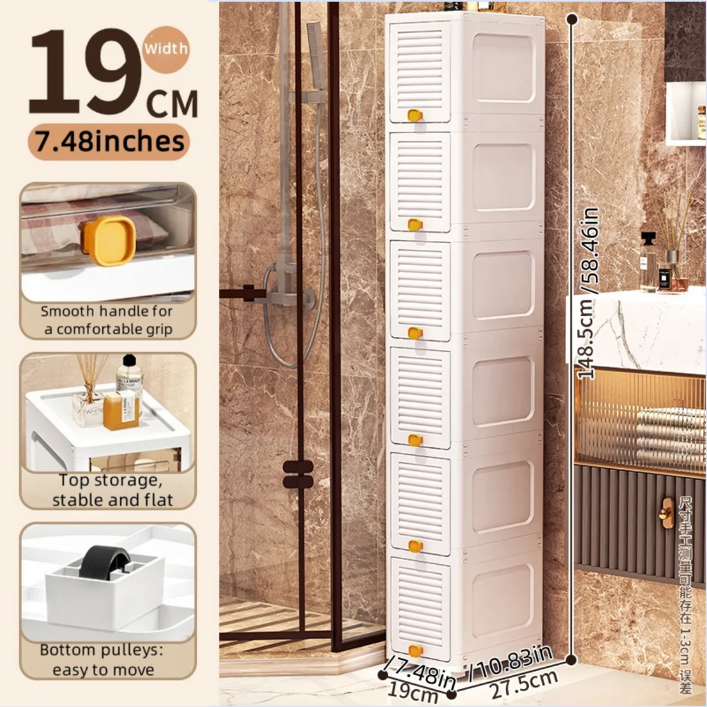 19cm Narrow Cabinet with Flip Lid Large Capacity Adjustable Shelves Organizer for Kitchen Bathroom Bedroom Living Room Oasis Select 6 Tiers White