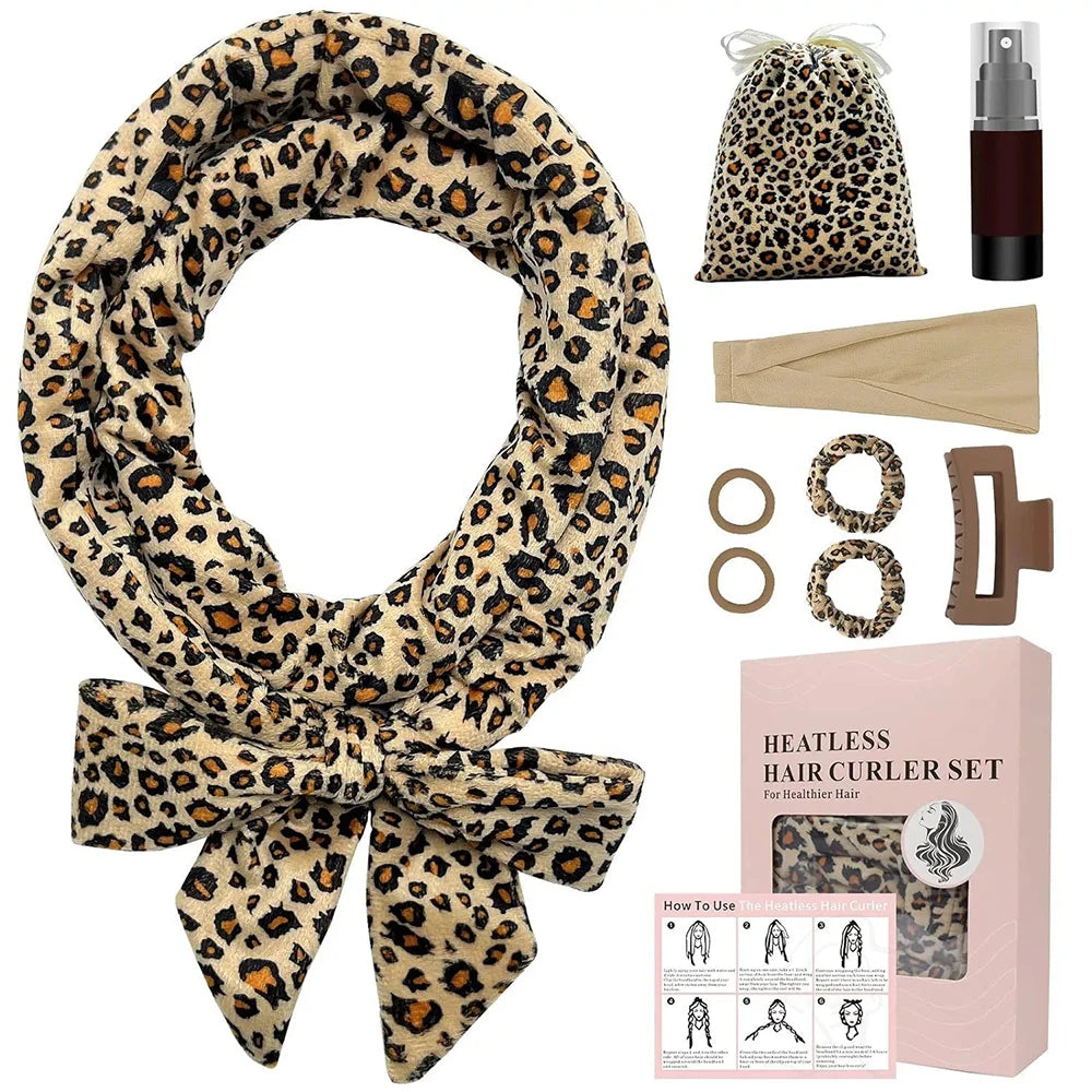 9pcs Heatless Curling Rod Headband, No Heat Silk Ribbon Rollers for Overnight Sleeping Curls, Styling Kit with Hair Clips and Sc Oasis Select leopard print