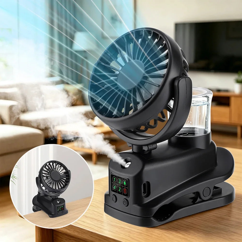 Clip-On Mist Fan USB Rechargeable 4-Speed LED | Desk Humidifier