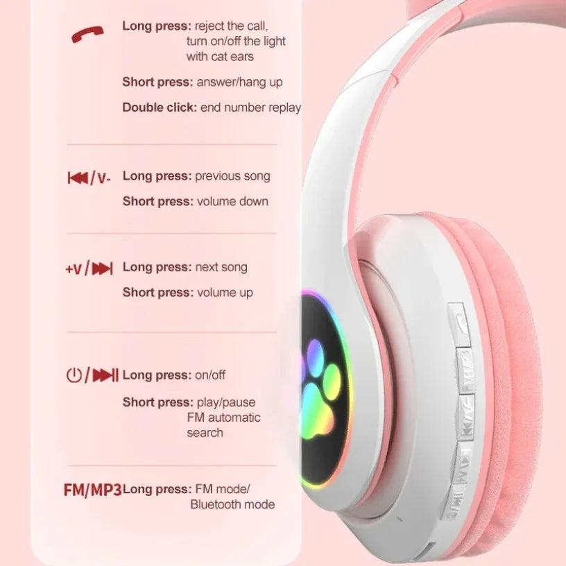 Bluetooth 5.0 Stereo With Mic Flash Lamp Cute Cat Ears Headphone Support TF Card Wireless Kids Girl Earphone Birthday Gift Oasis Select