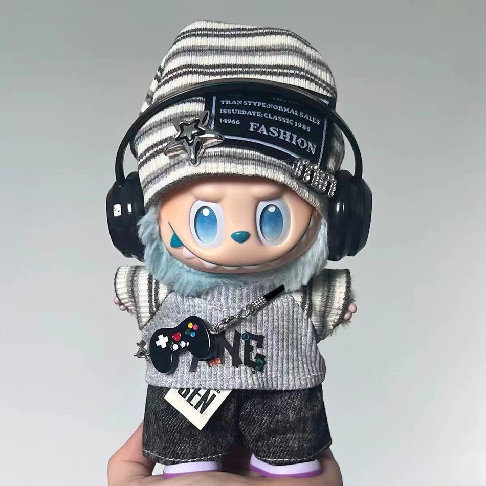 For Labubu 15-17cm Cloth Korean Grey Star Hat Suit Pull Bubu Baby Clothes 123rd Generation High-energy Hope Vinyl Doll Clothes Oasis Select