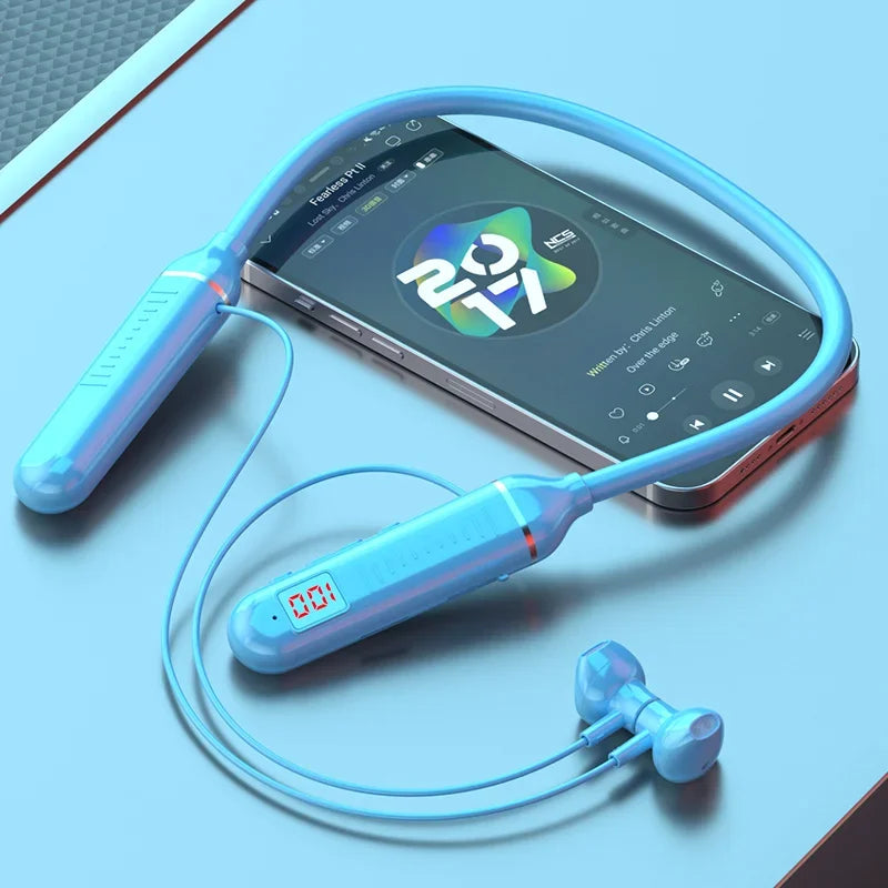 Wireless Earphones Bluetooth 5.3 Neckband Headphones Gaming LED Display HIFI Headset Sports TWS Earbuds With Mic TF Card Oasis Select Blue D18