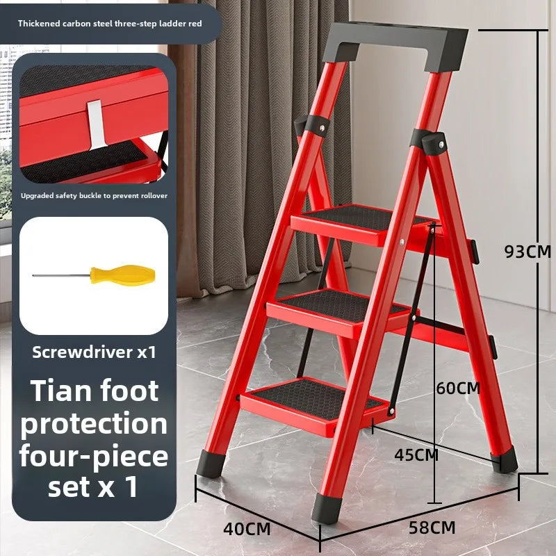 Home ladder stool folding zigzag ladder anti slip pedal ladder indoor and outdoor multifunctional portable ladder Oasis Select Three steps red