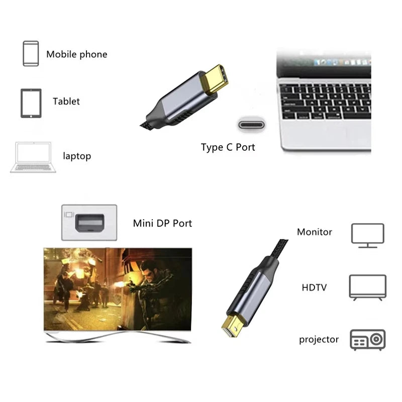 Type C to Mini DisplayPort Cable 4K@60Hz Video HD USB 3.1 to Mini DP 24K Gold-Plated Connector for iPhone MacBook Air Projectors Oasis Select