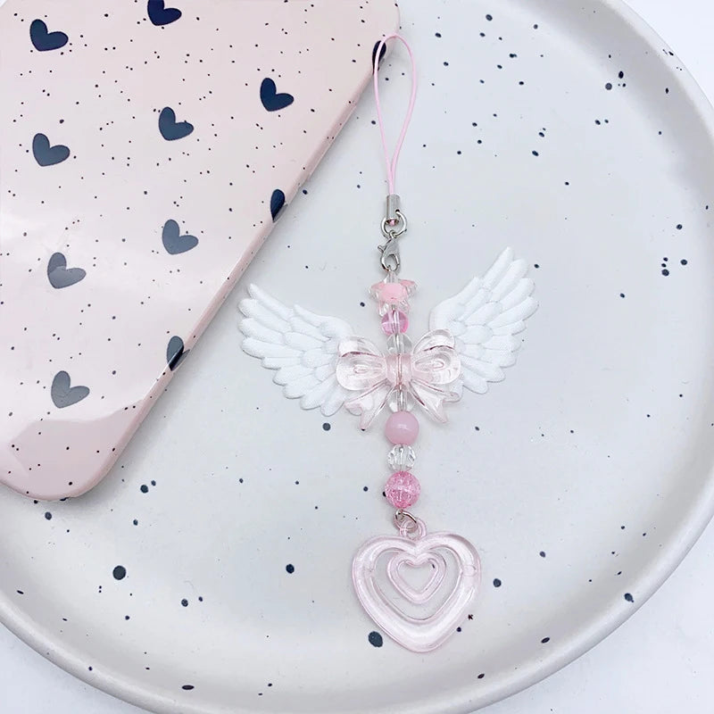 Bowknot Phone Chain Angel Wing Pendant Keychain Sweet Cool Key Phone Lanyard Acrylic Keyring Bag Ornament Oasis Select