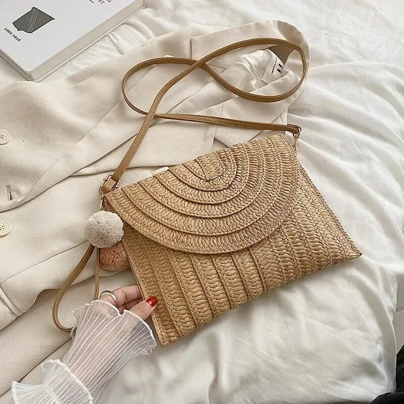 Handmade Straw Beach Shoulder Crossbody Bag Girls Envelope Woven Summer Small Hair Ball Cluth Oasis Select Khaki