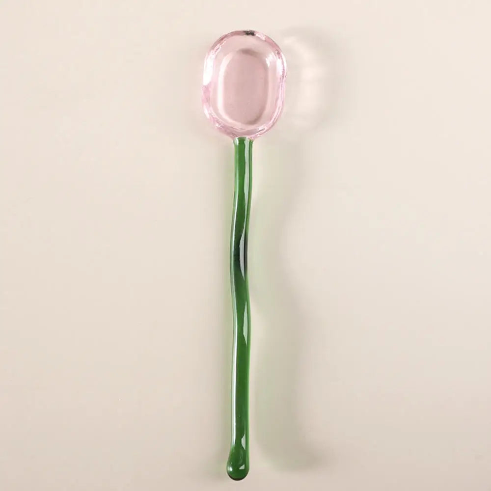 Simple Creative Milk Dessert Spoon Color Pastoral High Temperature Resistant Glass Spoon Cute Long Handle Coffee Mixing Spoon Oasis Select Green-15.5x3