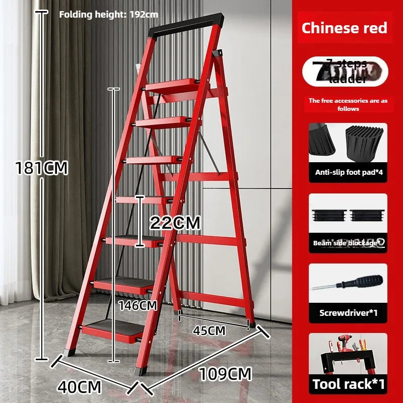 Home ladder stool folding zigzag ladder anti slip pedal ladder indoor and outdoor multifunctional portable ladder Oasis Select Seven steps red
