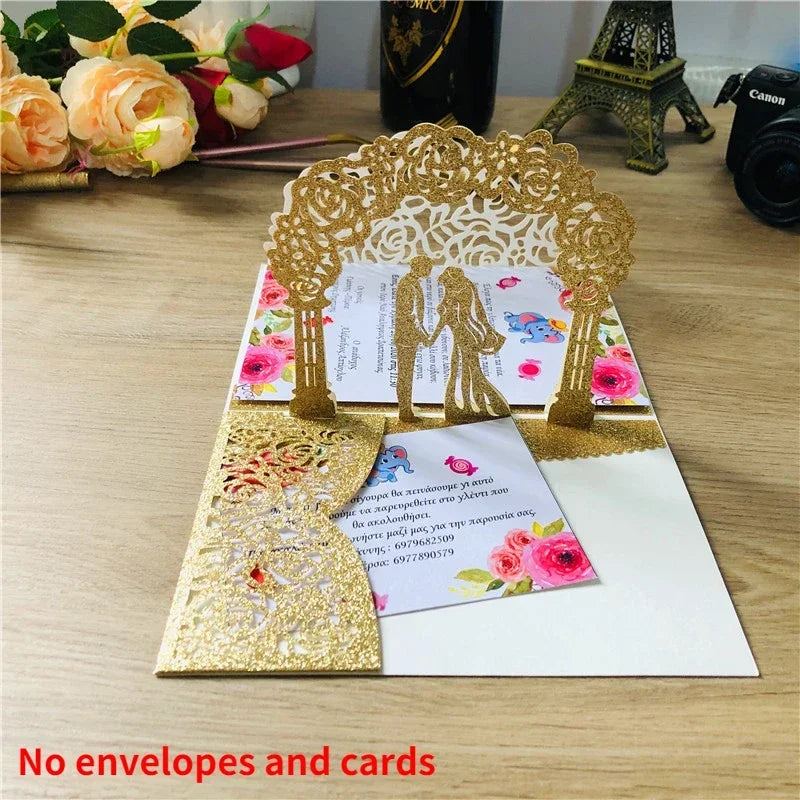 3D Bride and Groom Rose Gold Pop Up Wedding Invitations Laser Cut Greeting Cards Envelope Bridal Shower Invitation Cards Oasis Select Glitter-Gold