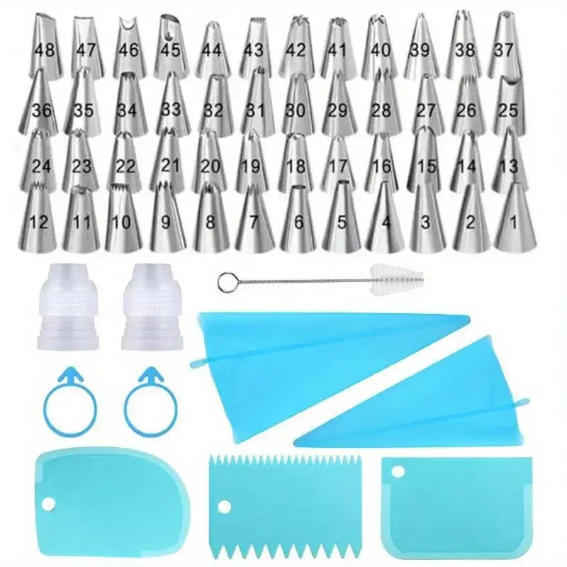 Cake Decorating Tool Set Silicone Pastry Bags DIY Cake Icing Piping Stainless Nozzle Reusable Cream Decorating Mouth Baking Tool Oasis Select 58pcs blue
