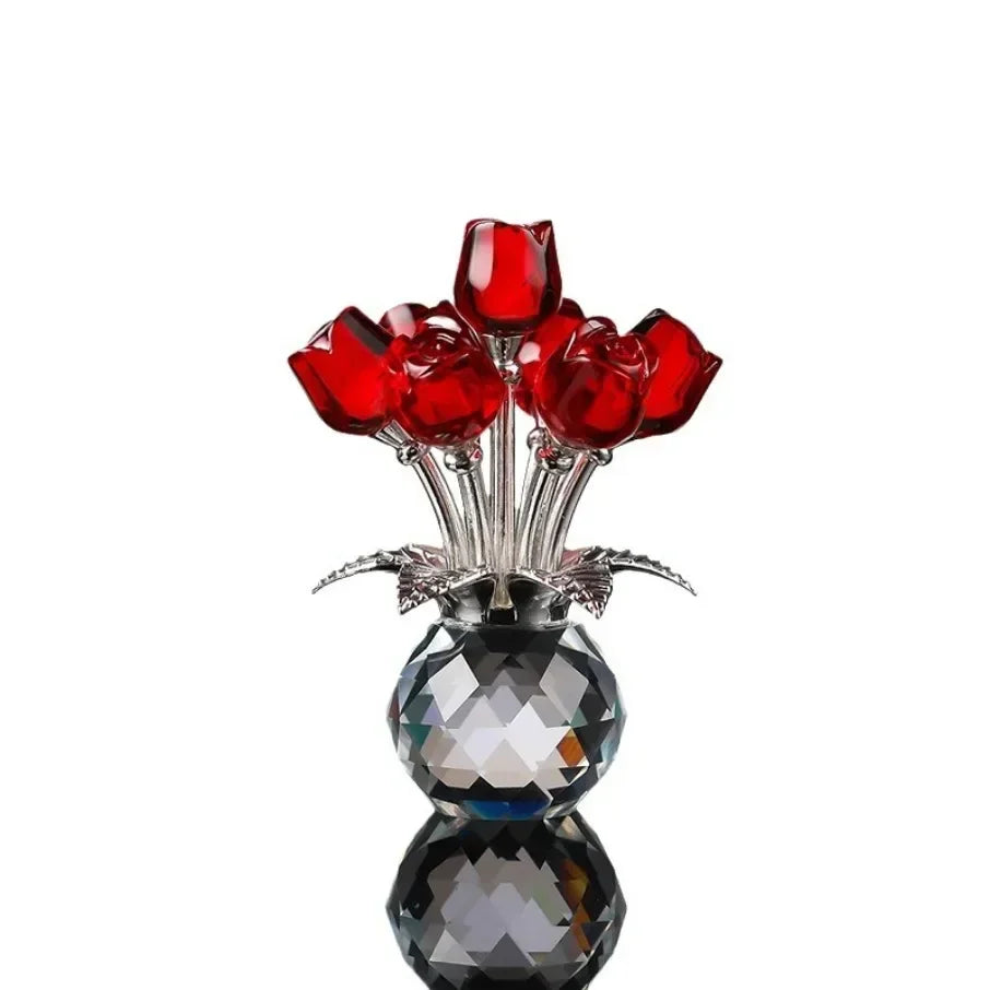 Crystal Red Rose Bouquet with Round Vase Figurines Gifts for Women Glass Bouquet Ornament Romantic Gifts Table Centerpiece Oasis Select red