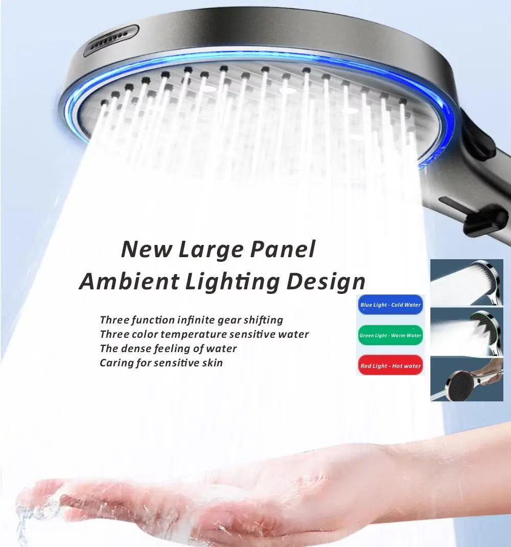 New Big Panel 3 Modes LED Ambient Light Temperature Sensing High Pressure Water Saving Shower Head Spray Bathroom Accessories Oasis Select