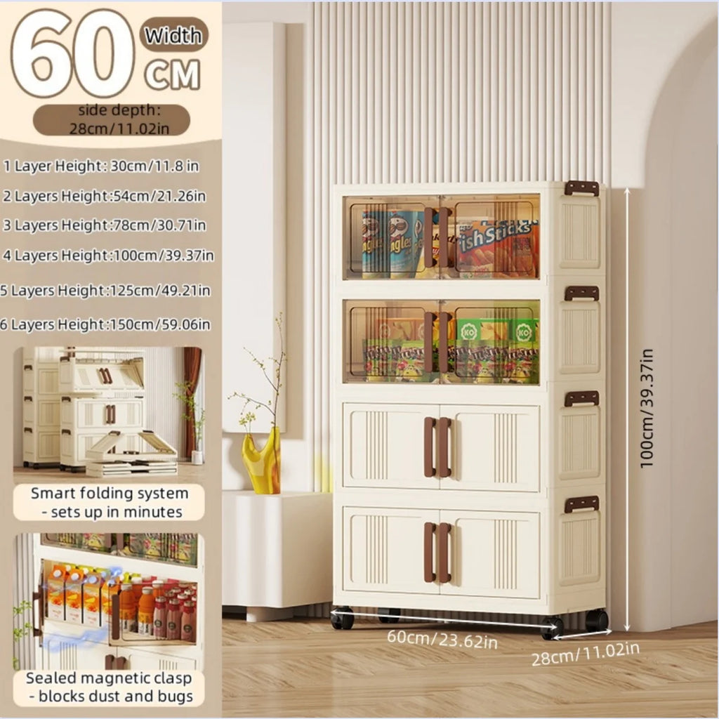 Foldable storage cabinet - movable multi-level double-door storage cabinet - living room and kitchen transparent storage box Oasis Select 4 Tier Mixed