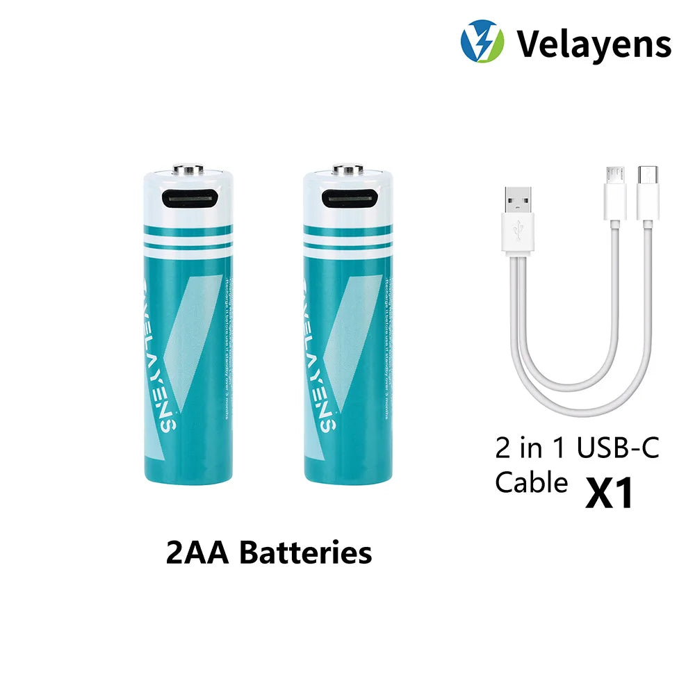 1.5V USB Rechargable Lithium Battery AA 2200mAh Actual Capacity Fast Charging 2000+ Charge Cycles Long-Lasting Power Oasis Select 2 pcs batteries