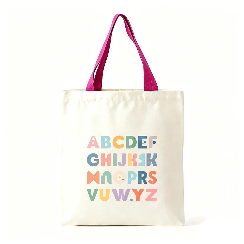 Colorful ABC Alphabet Canvas Tote Bag Large Capacity Eco Reusable Shopping Shoulder Bag Women Teacher Student School Handbags Oasis Select Magenta
