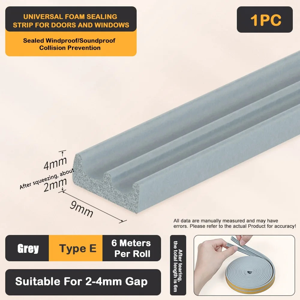 Self Adhesive Weather Stripping Door Seal Strip EPDM Soundproof Weather Stripping Windproof 6Meters Weatherstrip for Window Oasis Select Grey - E Type