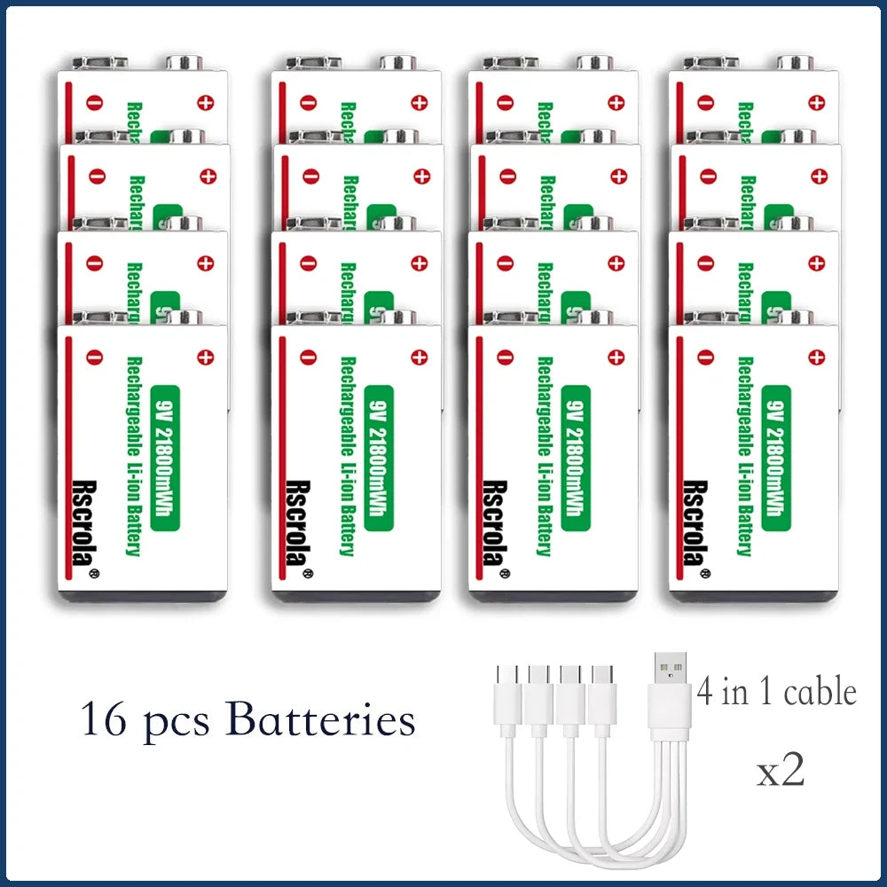 9V Lithium ion Rechargeable Battery 21800mWh High Capacity Long-Lasting for Guitar Microphone Smoke Detector Pedal with Cable Oasis Select 16 pcs 9v Battery 9v