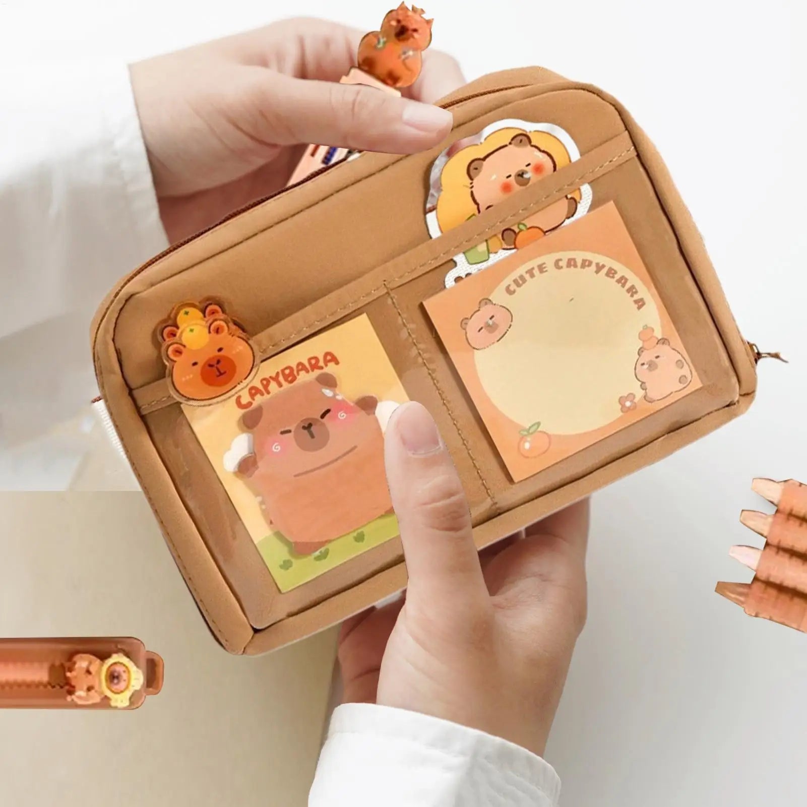 Capybara Stationery Set Portable Stationary Bag Cute Pencil Case with Pens Clips Rulers and More Wide Opening Pencil Organizer Oasis Select