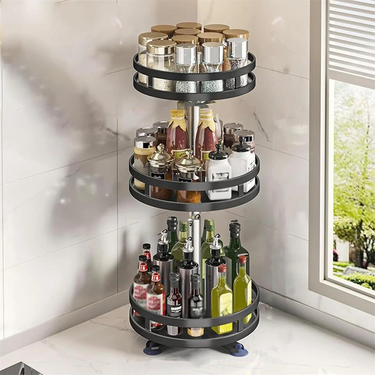 360° Rotation Carbon Steel Spice Rack Organizer Non-Skid Kitchen Storage Tray for Seasonings And Cans - Efficient Spice Oasis Select 3 layer