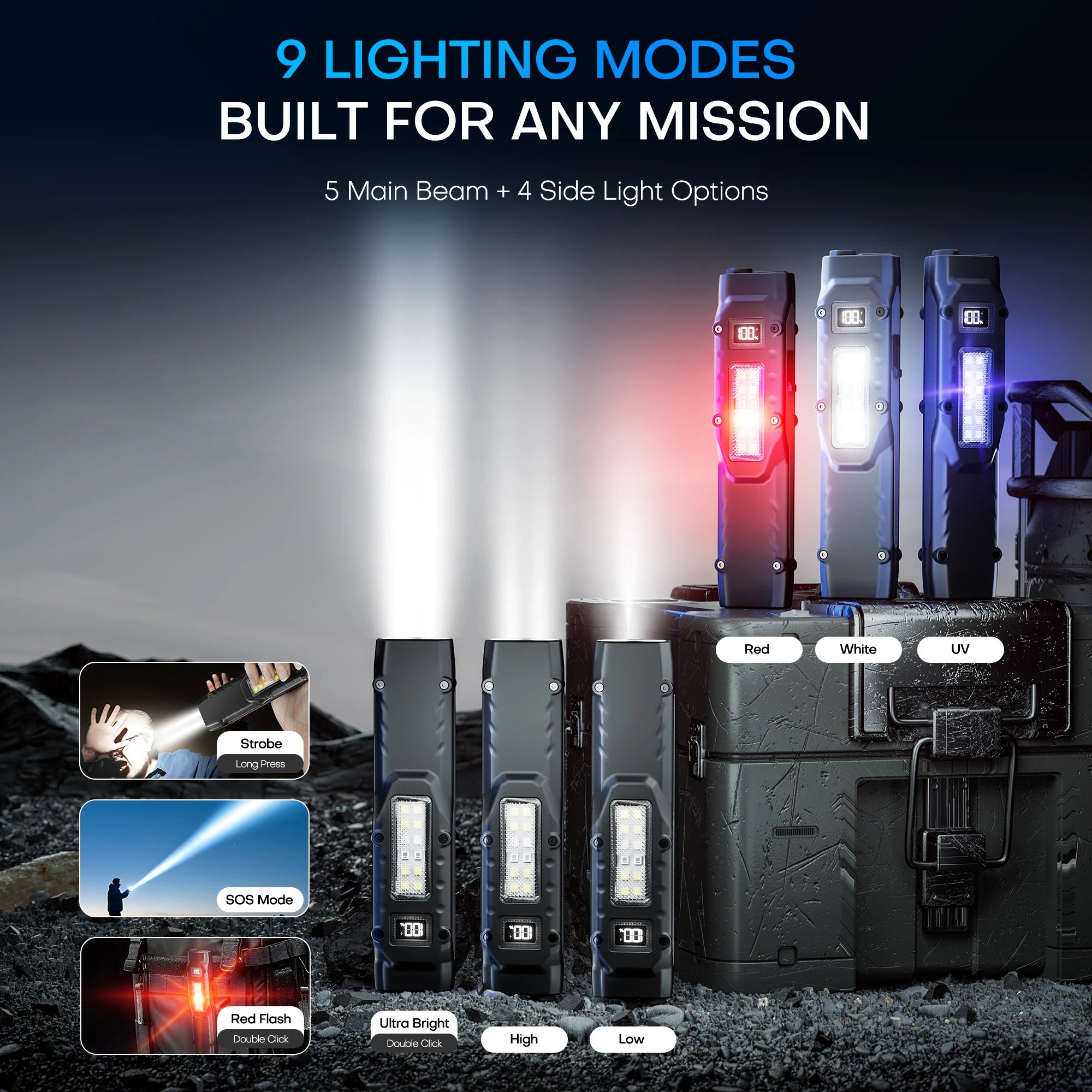 8 Modes EDC Tactical Rechargeable LED Flashlight Dual-Switches Digital Display for Camping Emergency Use Oasis Select