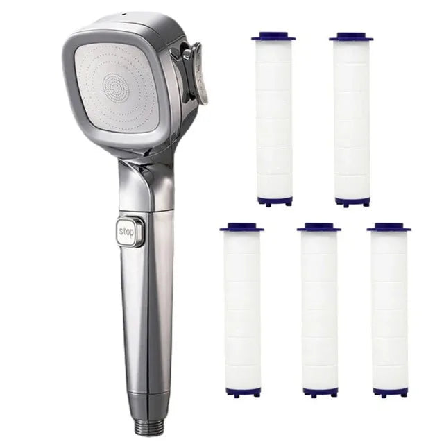 New 4 Mode High Pressure Shower Head With Switch On Off Button Sprayer Water Saving Adjustable Shower Nozzle Filter For Bathroom Oasis Select Sliver with 5 filter