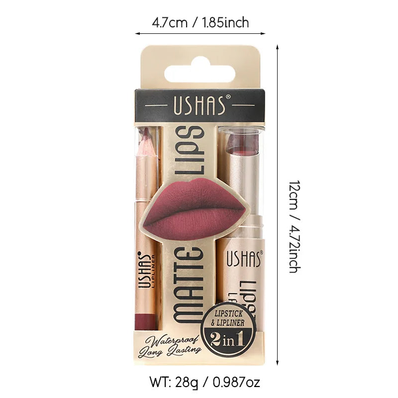 USHAS 12-Color Matte Lipstick & Lip Liner Set – Waterproof