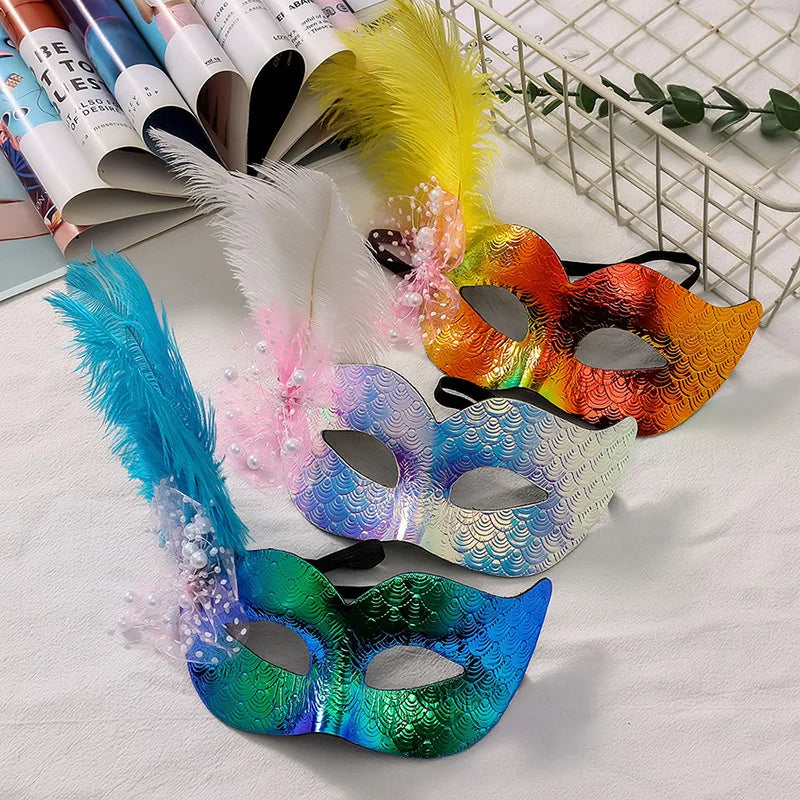 Venetian Feather Masquerade Half-Face Mask | Multi-Color